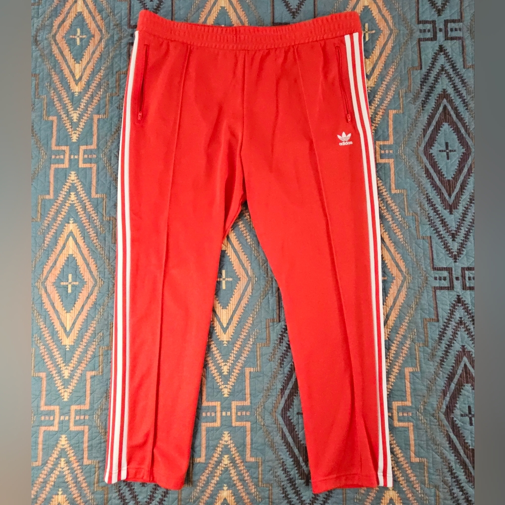 Adidas Men's Red Joggers with White Stripes